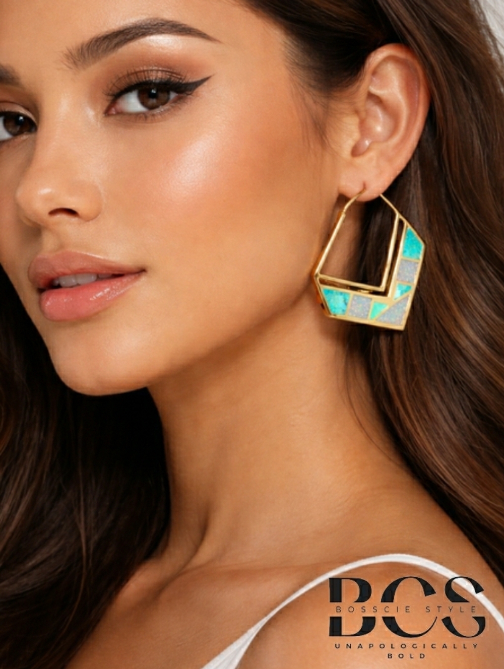 Turquoise Blue Opal 18K Gold Earrings Pierced Statement